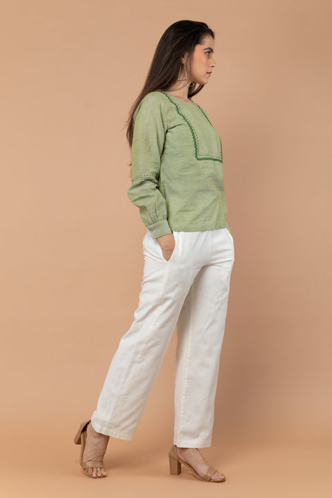 Premium Apple Green Top with Off-White Handloom Cotton Trousers from Sambalpur (Set of 2) | Vinusto