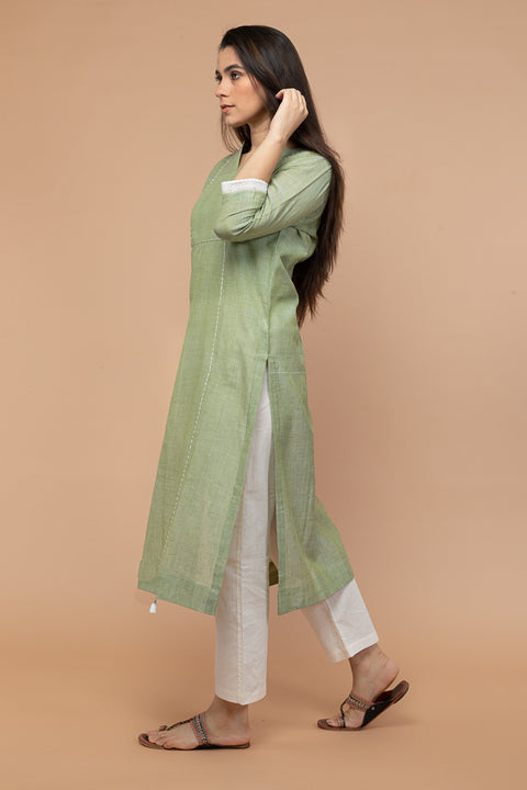 Apple Green Kurta with Kantha Stitch in Handloom Cotton