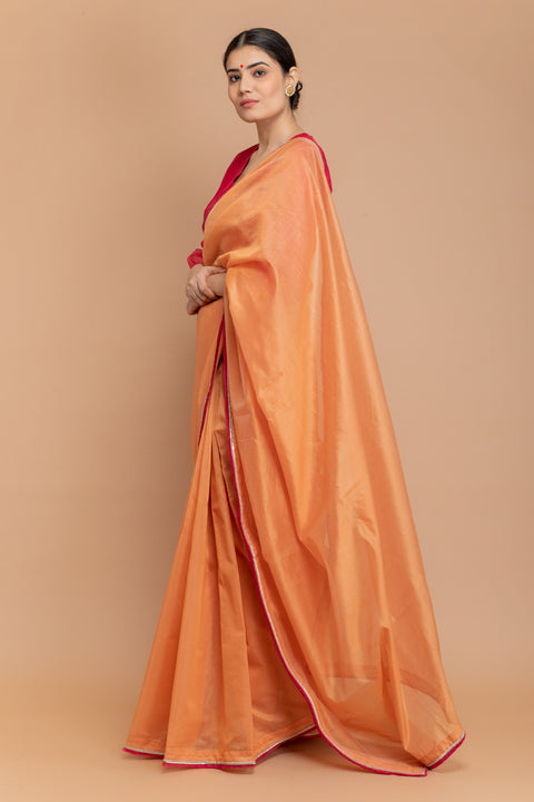 Buy Chanderi Handloom Saree in Tangerine Orange with Hot Pink Blouse | Vinusto
