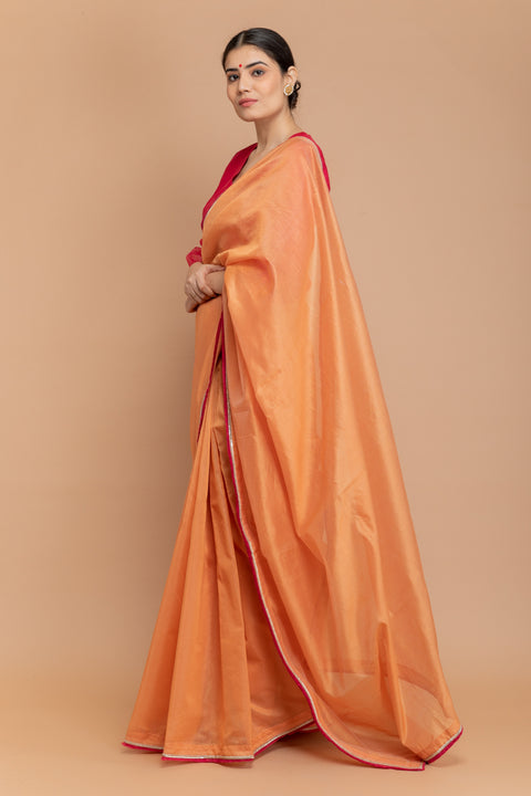 Chanderi Hand Loom Saree in Tangerine Orange with Hot Pink Blouse (Set of 2)