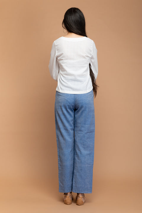 Luxury White Top in Textured Cotton with Chambray Blue Handloom Cotton Pants from Sambalpur | Vinusto
