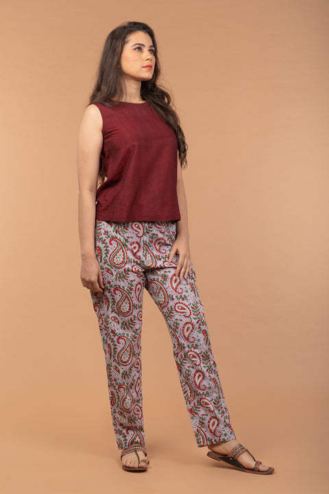Order Straight-Fit Cotton Pants in Lilac Hand Block Print | Vinusto