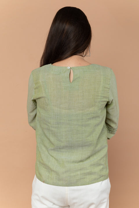 Handcraft Apple Green Top with Off-White Handloom Cotton Trousers from Sambalpur (Set of 2) | Vinusto