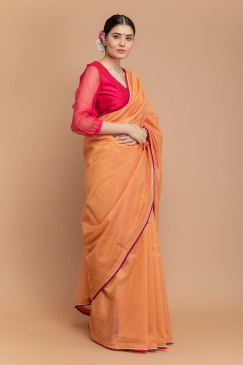 Order Chanderi Handloom Saree in Tangerine Orange with Hot Pink Blouse | Vinusto