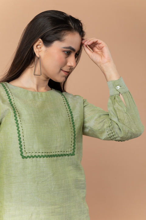 Luxury Apple Green Top with Off-White Handloom Cotton Trousers from Sambalpur (Set of 2) | Vinusto
