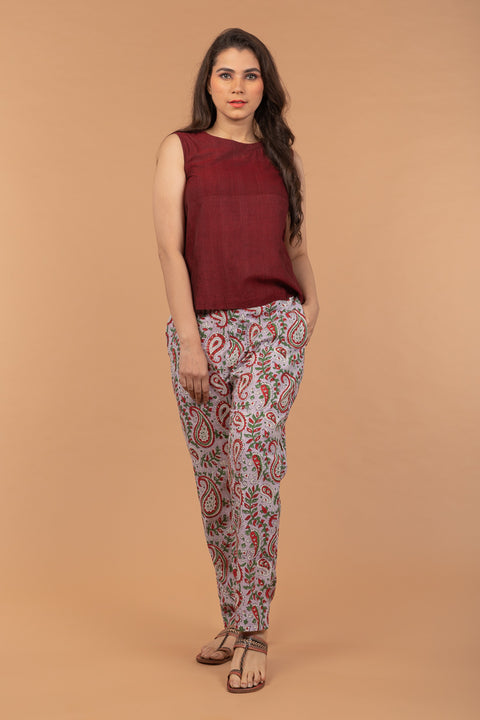 Buy Straight-Fit Cotton Pants in Lilac Hand Block Print | Vinusto