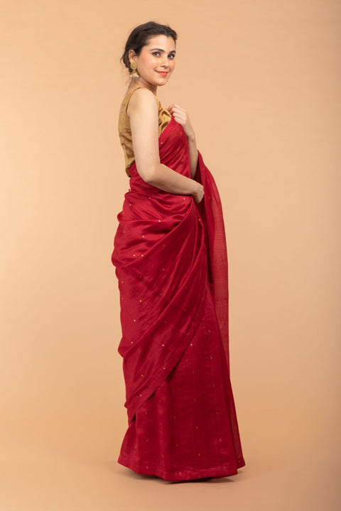 Premium Handcrafted Cranberry Red Chanderi Handloom Silk Saree – Vinusto


