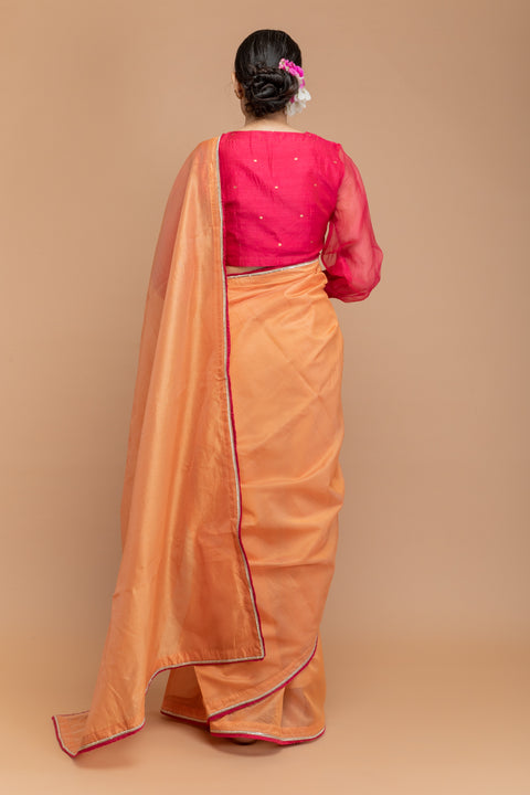 Luxury Chanderi Handloom Saree in Tangerine Orange with Pink Fringe & Gold Lace

