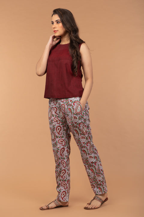 Luxury Straight-Fit Cotton Pants in Lilac Hand Block Print | Vinusto