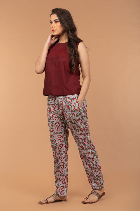 Straight Fit Cotton Pants In Lilac Hand Block Print