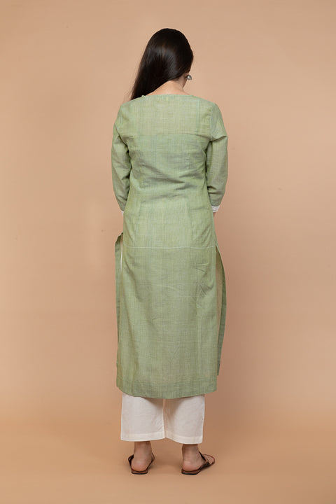 Apple Green Kurta with Kantha Stitch in Handloom Cotton
