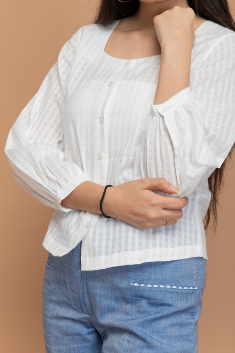 Premium White Top with Sweetheart Neck in Textured Cotton | Vinusto