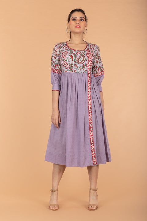 Shop Gathered Wrap Dress in Lilac & Red Hand Block Printed Cotton with Slip (Set of 2) | Vinusto