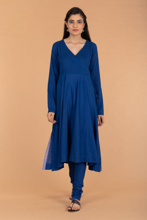 Buy Cobalt Blue Anarkali Kurta with Cotton Churidar & Dupatta Set of 3 | Vinusto


