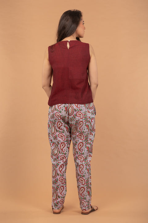 Premium Straight-Fit Cotton Pants in Lilac Hand Block Print | Vinusto