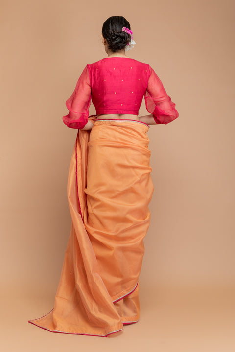 Luxury Puff Sleeved Blouse in Hot Pink Hand Loomed Silk | Vinusto