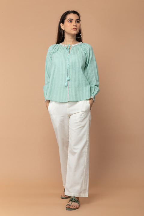 Shop Mint Green Top with Kantha Stitch & Drawstring in Textured Cotton | Vinusto