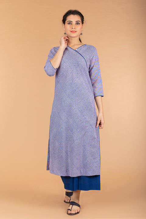 Shop Slant Neck Pinstripe Kurta & Palazzo in Lilac Blue Hand-Block Printed Cotton Set of 2 | Vinusto

