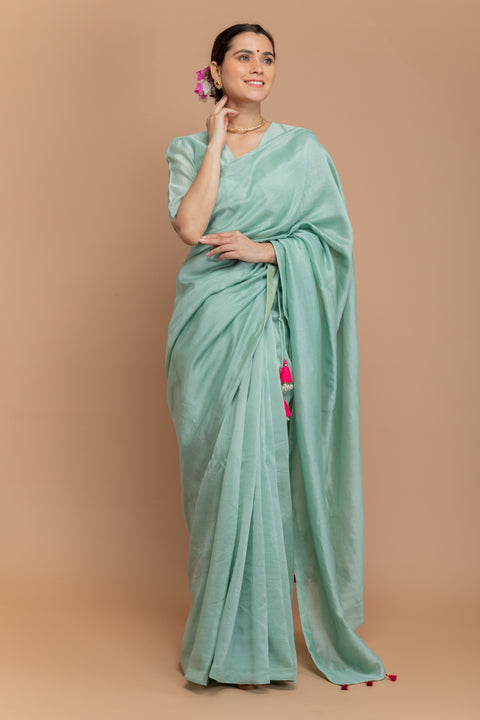 Buy Chanderi Handloom Saree in Mint Green with Tissue Facing & Pink Tassels

