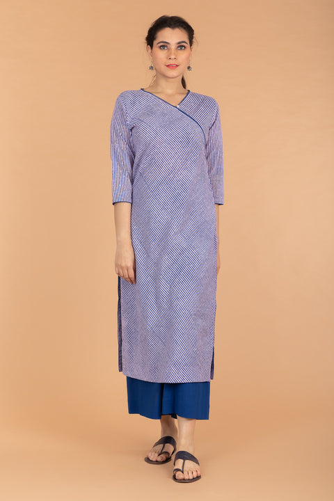 Slant Neck Pinstripe Kurta  in Lilac & Blue Hand Block Printed Cotton