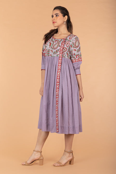Buy Gathered Wrap Dress in Lilac & Red Hand Block Printed Cotton with Slip (Set of 2) | Vinusto
