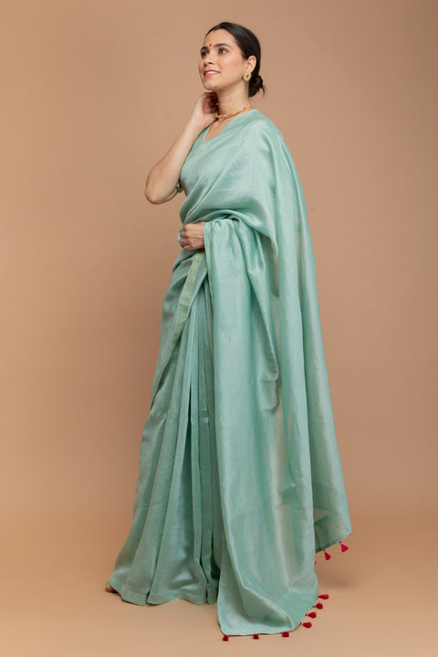 Chanderi Hand Loom Saree in Mint Green with Tissue Facing & Pink Tassels