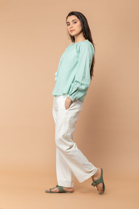 Mint Green Top with Kantha Stitch & Draw String in Textured Cotton