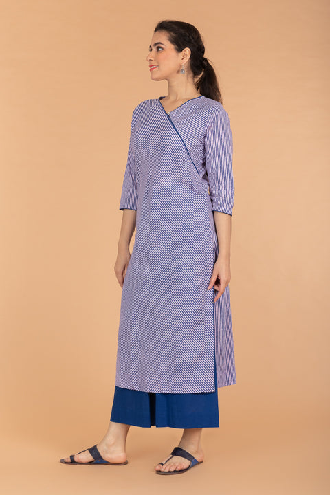 Slant Neck Pinstripe Kurta  in Lilac & Blue Hand Block Printed Cotton