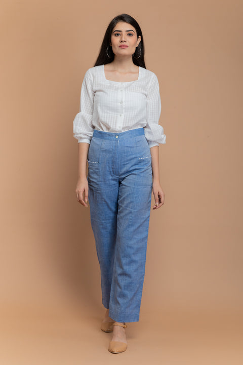Shop Chambray Blue Paneled Trousers in Sambalpur Handloom Cotton | Vinusto