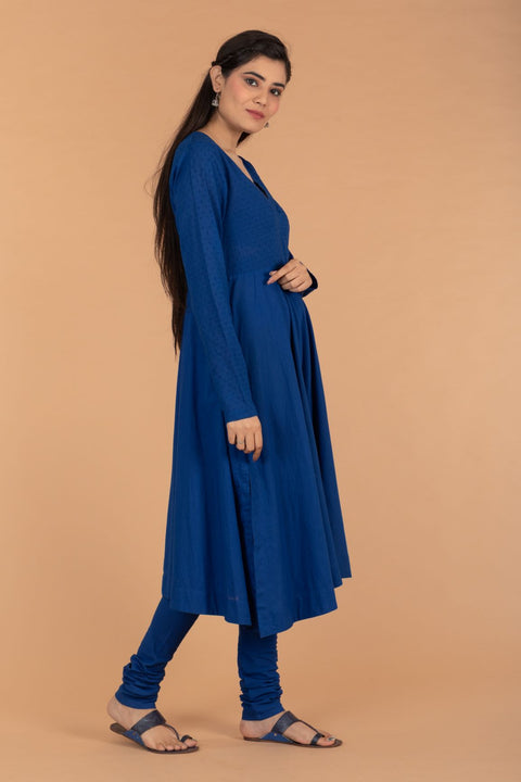 Order Cobalt Blue Anarkali Kurta with Cotton Churidar & Dupatta Set of 3 | Vinusto

