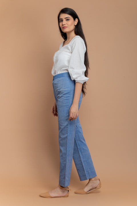 Buy Chambray Blue Paneled Trousers in Sambalpur Handloom Cotton | Vinusto