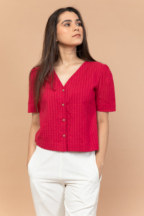 Crop Shirt with Puff Sleeve in Hot Pink Textured Cotton Dobby