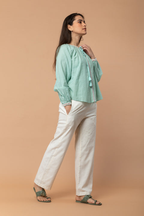 Order Mint Green Top with Kantha Stitch & Drawstring in Textured Cotton | Vinusto