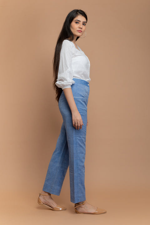 Order Chambray Blue Paneled Trousers in Sambalpur Handloom Cotton | Vinusto