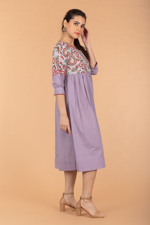 Gathered Wrap Dress in Lilac & Red Hand Block Printed Cotton with slip (Set of 2)