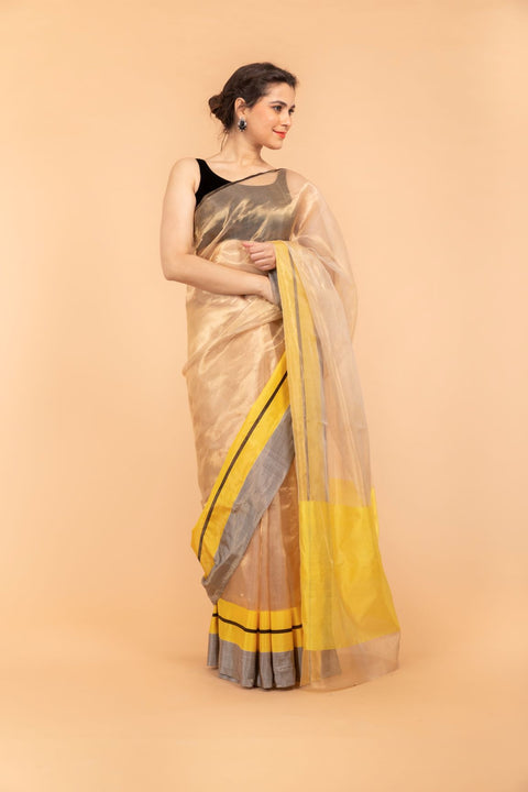 Golden Tissue Handloom Saree with Grey & Yellow Broder
