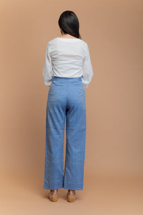Premium Chambray Blue Paneled Trousers in Sambalpur Handloom Cotton | Vinusto