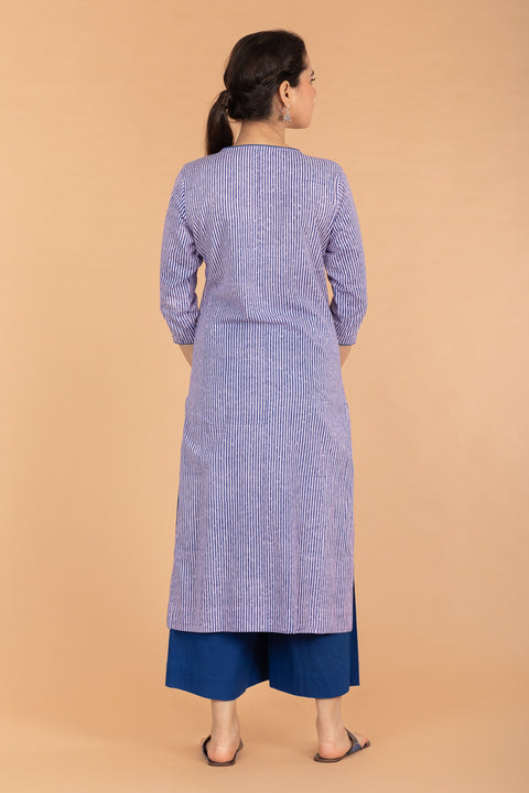 Slant Neck Pinstripe Kurta  in Lilac & Blue Hand Block Printed Cotton