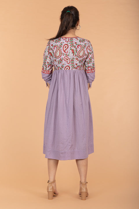 Handcraft Gathered Wrap Dress in Lilac & Red Hand Block Printed Cotton with Slip (Set of 2) | Vinusto