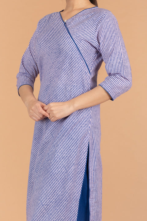 Slant Neck Pinstripe Kurta  in Lilac & Blue Hand Block Printed Cotton