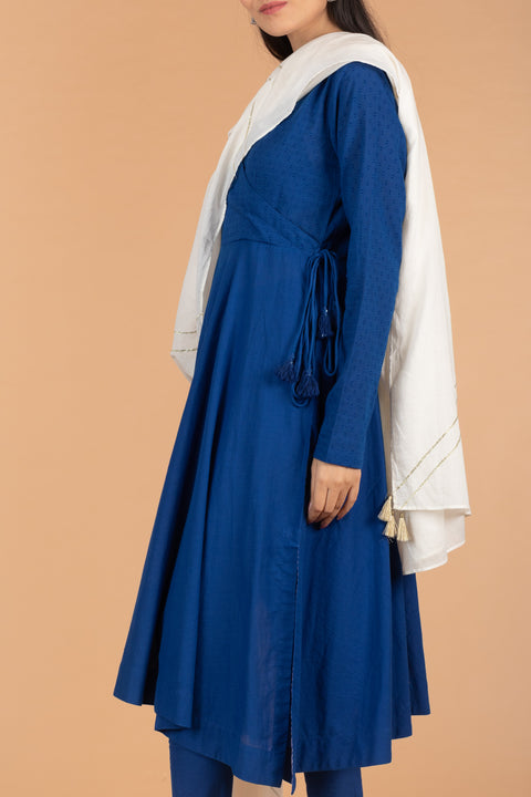 Premium Cobalt Blue Anarkali Kurta with Cotton Churidar & Dupatta Set of 3 | Vinusto

