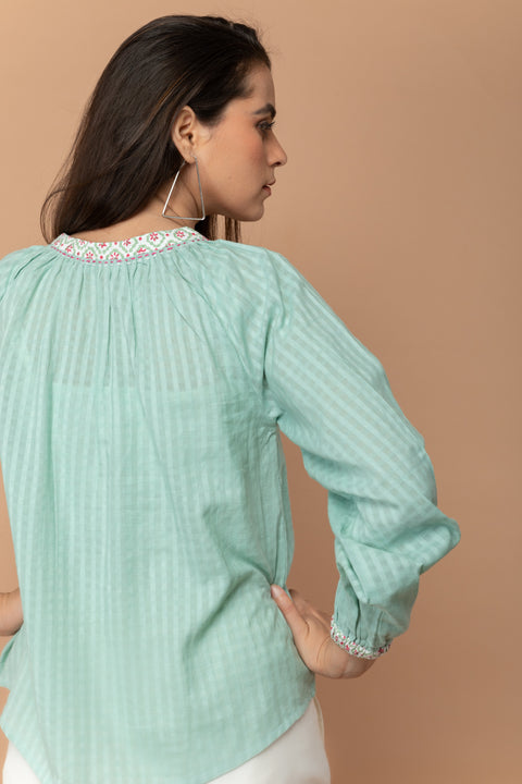 Premium Mint Green Top with Kantha Stitch & Drawstring in Textured Cotton | Vinusto