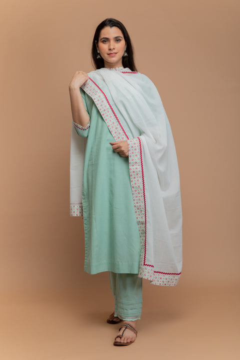 Shop Mint Green Cotton Kurta & Pants with White Dupatta (Set of 3) - By Vinusto