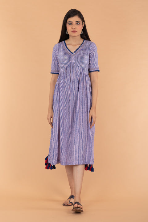 Shop Pinstripe Cotton Empire Line Dress in Blue & Lilac Hand Block Print | Vinusto