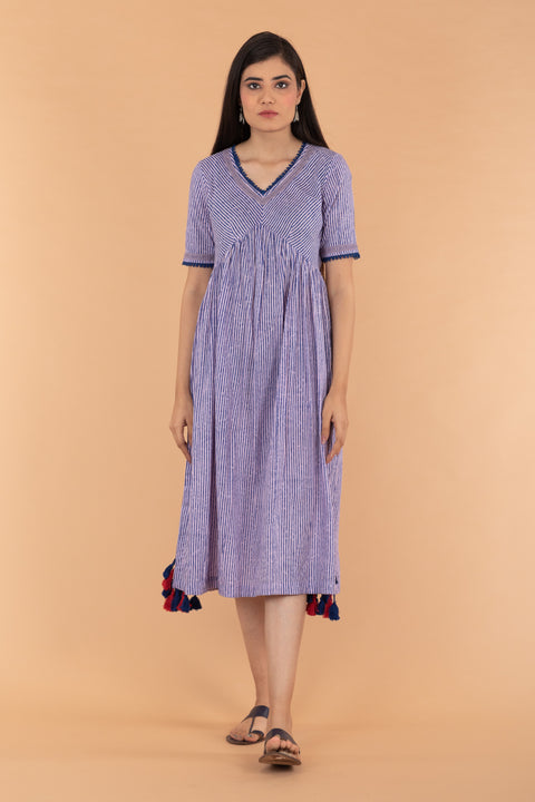Pinstripe Cotton Empire Line Dress in Blue & Lilac Hand Block Print