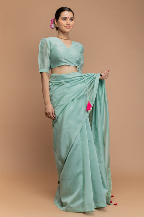 Buy Wrap Around Blouse with Dori in Mint Green Chanderi Handloom | Vinusto