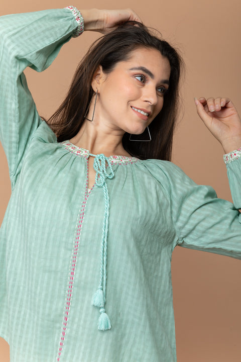 Luxury Mint Green Top with Kantha Stitch & Drawstring in Textured Cotton | Vinusto