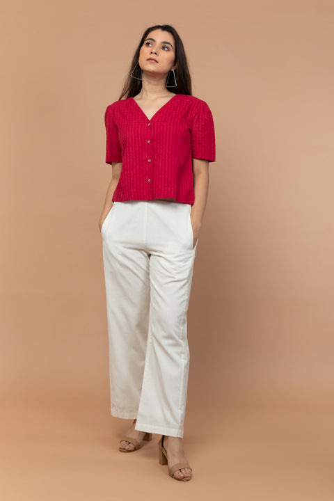 Crop Shirt with Puff Sleeve in Hot Pink Textured Cotton Dobby
