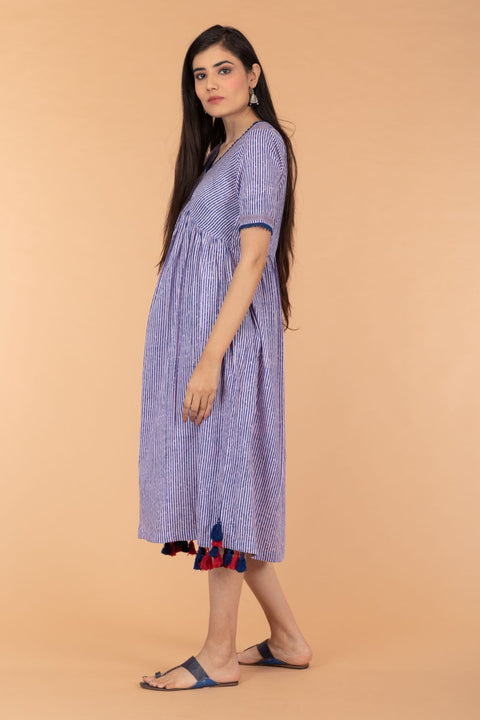 Buy Pinstripe Cotton Empire Line Dress in Blue & Lilac Hand Block Print | Vinusto