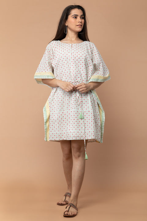 Buy Off-White Kaftan Dress in Cotton Hand Block Print | Vinusto